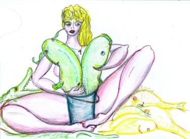 A girl with two catfish Dessin intitulée "A girl with two cat…" par Dmitriy Abelyashev, Œuvre d'art originale, Conté