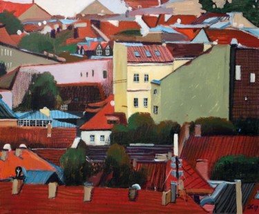 Painting titled "Vilnius roofs-1" by Anastasia Bereza, Original Artwork, Acrylic Mounted on Wood Stretcher frame