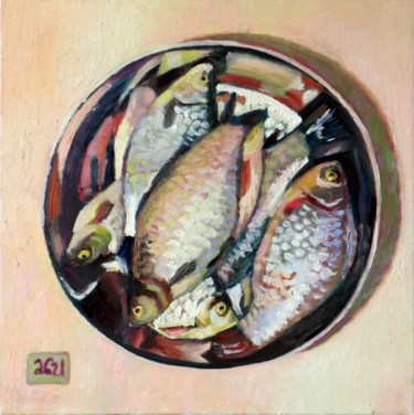 Painting titled "Carp in a bowl" by Anastasia Bereza, Original Artwork, Oil Mounted on Wood Stretcher frame
