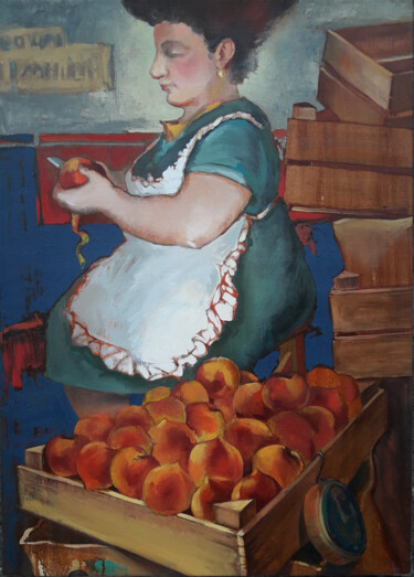 Painting titled "Peach seller (50x70…" by Abgar Khachatryan, Original Artwork, Oil Mounted on Wood Stretcher frame