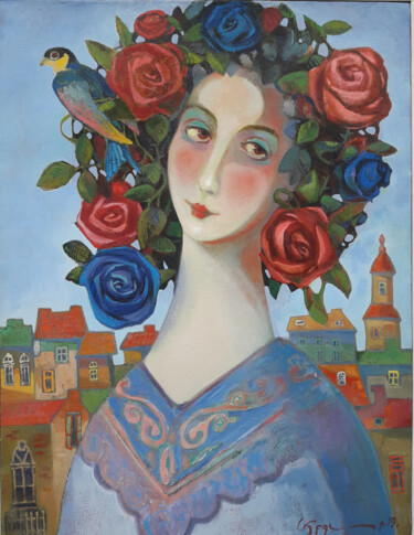 Painting titled "Spring portrait (61…" by Abgar Khachatryan, Original Artwork, Oil Mounted on Wood Stretcher frame