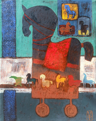 Ζωγραφική με τίτλο "Horse toys" από Abgar Khachatryan, Αυθεντικά έργα τέχνης, Λάδι Τοποθετήθηκε στο Ξύλινο φορείο σκελετό