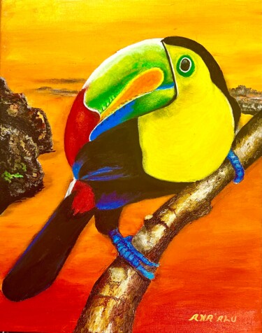Painting titled "Morning Toucan" by Andrew (Ana` Alu) Hollimon, Original Artwork, Acrylic Mounted on Wood Stretcher frame