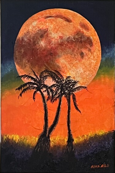 Malerei mit dem Titel "Tropical Orange moon" von Andrew (Ana` Alu) Hollimon, Original-Kunstwerk, Acryl Auf Keilrahmen aus Ho…