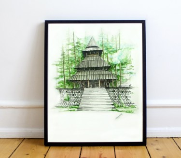 Painting titled "Hidamba Temple" by Abhishek Chauhan, Original Artwork, Watercolor