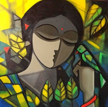 Painting titled "'' Girl with Bird''" by Abhisekghosh_art Abhisekghosh_art, Original Artwork, Acrylic