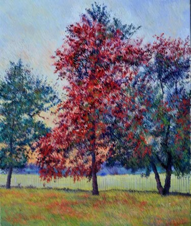Painting titled "A red tree full of…" by Abid Khan, Original Artwork, Oil