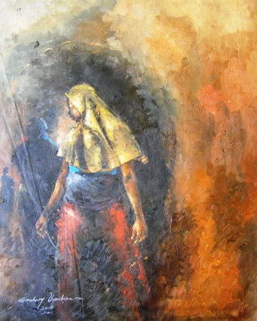 Painting titled "Ese at the city gate" by Abraham Uyovbisere, Original Artwork, Oil
