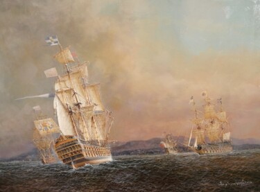 Painting titled "Batalha Naval do Po…" by Abraham Levy Lima, Original Artwork, Oil Mounted on Metal