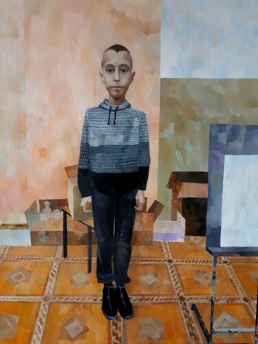 Painting titled "Portrait Slava boy" by Irina Abramova, Original Artwork, Oil Mounted on Wood Stretcher frame