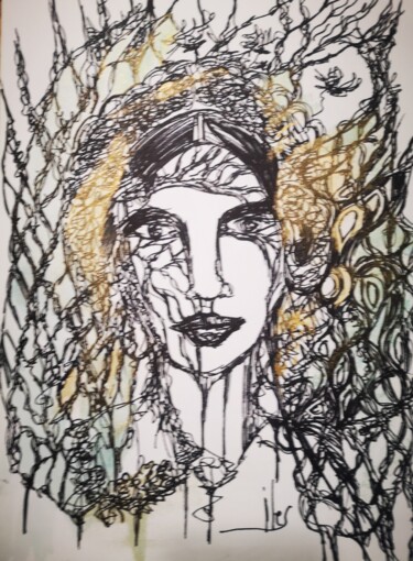 Drawing titled "La muse de la Forêt" by Abricodéal Îles, Original Artwork, Ballpoint pen