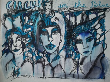 Painting titled "Circus in the blue" by Abricodéal Îles, Original Artwork, Ink