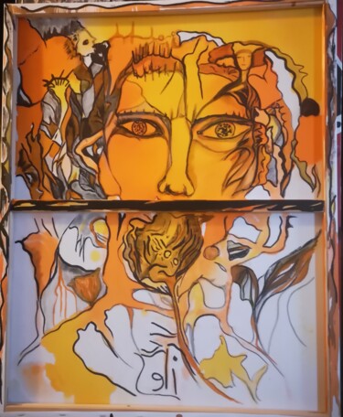 Painting titled "Automne  Face A Pos…" by Abricodéal Îles, Original Artwork, Ink Mounted on Wood Stretcher frame