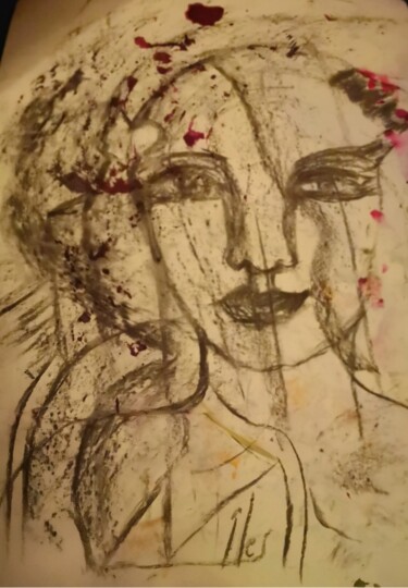 Рисунок под названием "Femme ou oiseau ?" - Abricodéal Îles, Подлинное произведение искусства, Древесный уголь