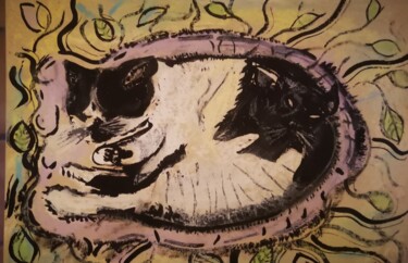 Peinture intitulée "Les deux chats" par Abricodéal Îles, Œuvre d'art originale, Encre