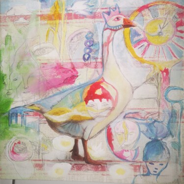 Pintura titulada "Parmi les oies, ell…" por Abricodéal Îles, Obra de arte original, Tinta Montado en Bastidor de camilla de…