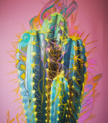Painting titled "Lady Cactus" by Abricodéal Îles, Original Artwork, Acrylic Mounted on Wood Stretcher frame