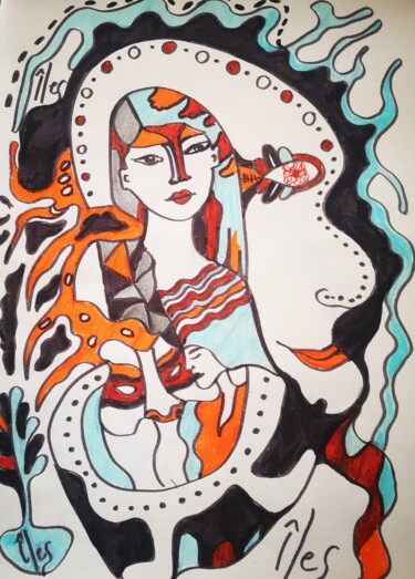 Dessin intitulée "Harmonie ou Pocahon…" par Abricodéal Îles, Œuvre d'art originale, Stylo gel