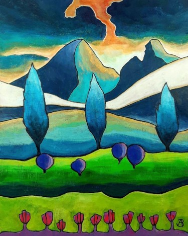 Pittura intitolato ""Mountains And Hill…" da Agota Olimpija Bričkutė, Opera d'arte originale, Acrilico