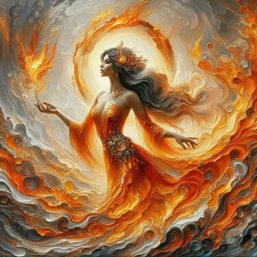 Digitale Kunst getiteld "Flame Enchantress" door Abstract Bliss, Origineel Kunstwerk, AI gegenereerde afbeelding