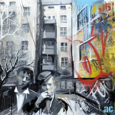 Painting titled "concrete brothers" by Ac1, Original Artwork, Spray paint Mounted on Wood Stretcher frame