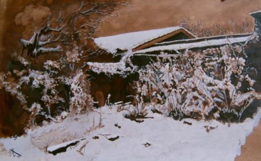 Peinture intitulée "Grange enneigée" par Roger Achache, Œuvre d'art originale