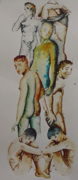 Peinture intitulée "pile 8 hommes" par Roger Achache, Œuvre d'art originale, Huile