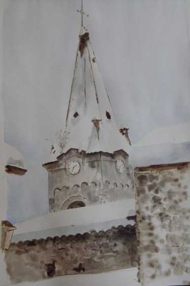 Peinture intitulée "neige sur le clocher" par Roger Achache, Œuvre d'art originale, Huile