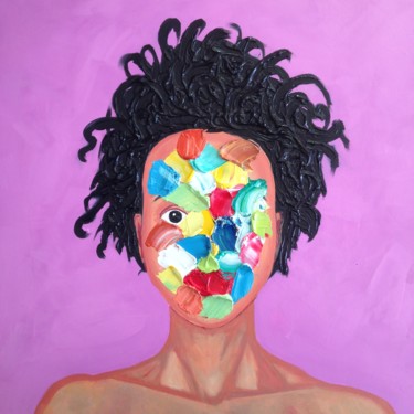 Painting titled "Viso a colori (face…" by Achille Chiarello, Original Artwork, Oil
