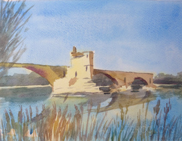 Schilderij getiteld "Pont d'Avignon, Pro…" door Alain Crousse (ACWATERCOLORS), Origineel Kunstwerk, Aquarel
