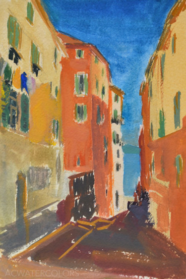 Ζωγραφική με τίτλο "Villefranche-sur-Me…" από Alain Crousse (ACWATERCOLORS), Αυθεντικά έργα τέχνης, Γκουάς