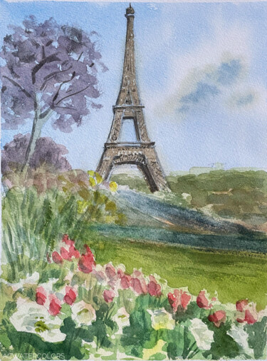 Malarstwo zatytułowany „Paris, tour Eiffel” autorstwa Alain Crousse (ACWATERCOLORS), Oryginalna praca, Akwarela
