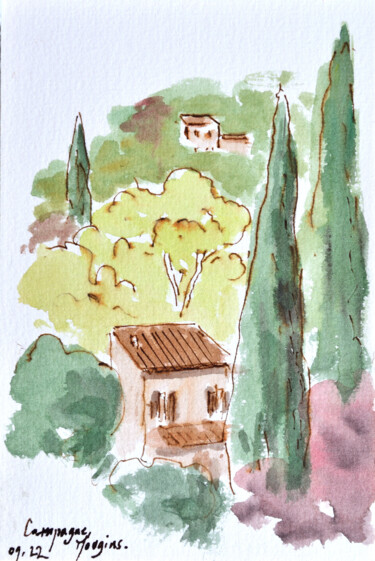 Картина под названием "Campagne de Mougins" - Alain Crousse (ACWATERCOLORS), Подлинное произведение искусства, Акварель