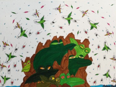 Dessin intitulée "Overwhelmed Frogs" par Adam Kamhi, Œuvre d'art originale, Aquarelle