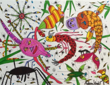 Zeichnungen mit dem Titel "Creatures & Floral" von Adam Kamhi, Original-Kunstwerk, Aquarell