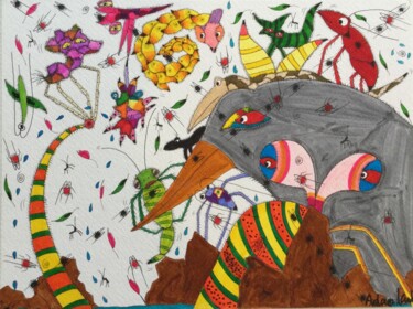 Disegno intitolato "Biomass of creatures" da Adam Kamhi, Opera d'arte originale, Acquarello