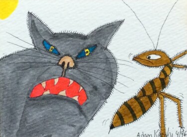 Painting titled "Cat and Ant chance…" by Adam Kamhi, Original Artwork, Watercolor