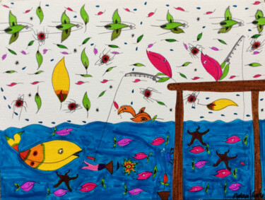 Pintura titulada "Flower fishing flow…" por Adam Kamhi, Obra de arte original, Acuarela