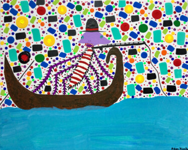 Painting titled "Fishing Gondolier" by Adam Kamhi, Original Artwork, Acrylic