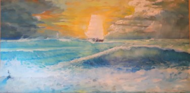 Картина под названием "Bateau en mer à l'h…" - Adam Lobazanov, Подлинное произведение искусства, Масло