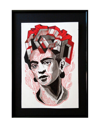 Drawing titled "Kubistyczna Frida" by Adam Mikołaj Iwan, Original Artwork, Ink Mounted on Wood Panel