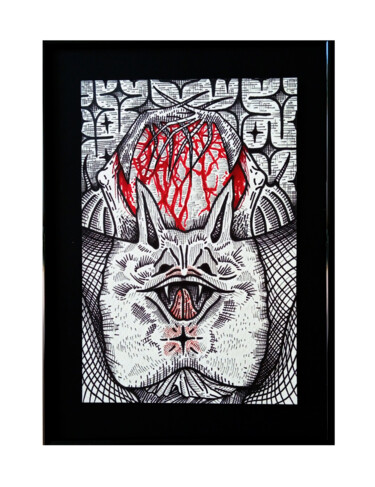 Rysunek zatytułowany „Zemsta nietoperza” autorstwa Adam Mikołaj Iwan, Oryginalna praca, Atrament Zamontowany na Panel drewni…