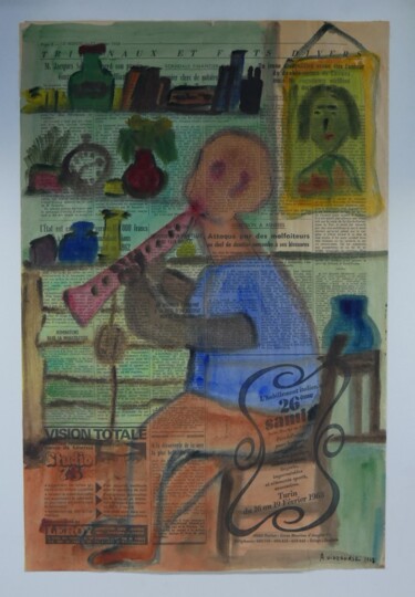 Peinture intitulée "Flûte" par Adam Nidzgorski, Œuvre d'art originale, Gouache Monté sur Carton