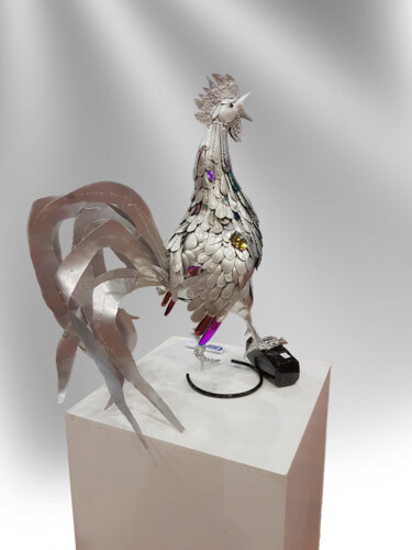 Sculpture titled "Coq au cocorico" by Adda Merzougui, Original Artwork, Metals