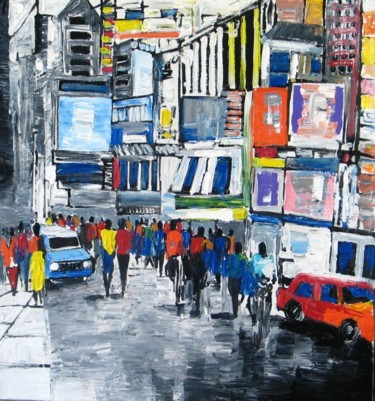 Painting titled "Street scene" by Benedict Adedipe, Original Artwork, Acrylic