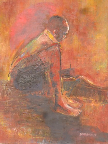 Painting titled "Boy studying at nig…" by Benedict Adedipe, Original Artwork, Oil