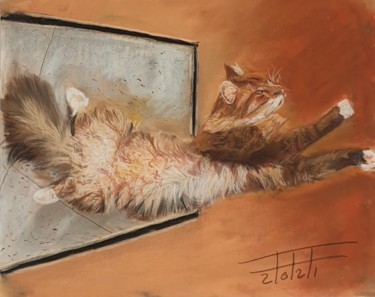 Painting titled "Flying cat" by Adel Fahmi, Original Artwork, Pastel