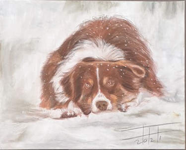 Painting titled "Dog in the snow" by Adel Fahmi, Original Artwork, Pastel