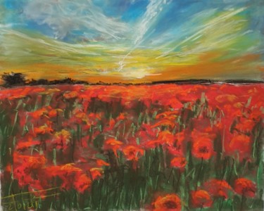 Painting titled "Sunset on poppies f…" by Adel Fahmi, Original Artwork, Pastel