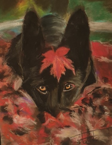 Painting titled "Hiding black dog" by Adel Fahmi, Original Artwork, Pastel
